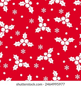 Christmas mistletoe seamless pattern. Vector holly leaf with berries red holiday background. Winter traditional texture for gift wrapping paper, seasonal festive design, textile pattern, fabric.