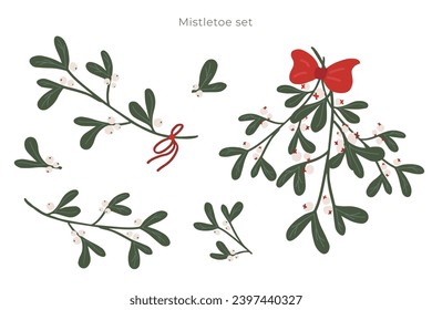 Christmas mistletoe set. Festive bright decorative traditional plant. Hand drawn modern vector isolated clipart