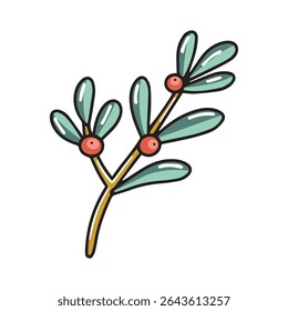 Christmas mistletoe sprout with green leaves and red berries. Single vector illustration of traditional winter decoration on separate isolated background. Kisses under the mistletoe