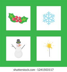 Christmas mistletoe, symbols of winter holiday isolated icons set. Snowman wearing bucket on head, sparkling lights and snowflake with ornaments ice