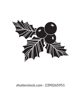 Christmas mistletoe vector icon, holly berry and leaf, black and white ilex branch, xmas plant. Cartoon holiday illustration