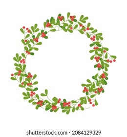 Christmas mistletoe vignette isolated. Floral holiday round frame. Vector illustration.