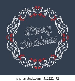 Christmas wreath. Decorated with mistletoe. Wishes for Merry Christmas. Chalk Word Art On Blackboard. Vector elements. Object for app, web, book illustration, decorating.
