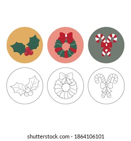 Christmas Mistletoe, Wreath, Candy Stick Icon Fill Outline Bundle