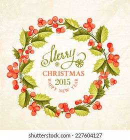 Christmas mistletoe wreath drawing with holiday text. Vector illustration.