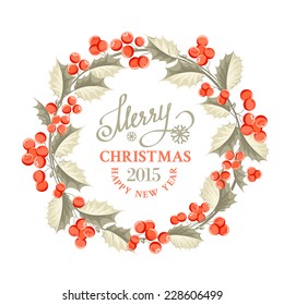 Christmas mistletoe wreath drawing with holiday text. Vector illustration.