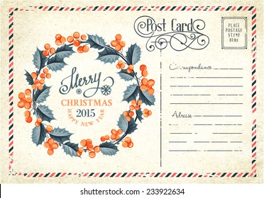 Christmas mistletoe wreath drawing with holiday text. Vector illustration.