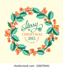 Christmas mistletoe wreath over beige background. Vector illustration.