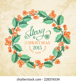 Christmas mistletoe wreath over paper texture. Vector illustration.