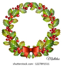 Christmas Mistletoe Wreath With Red Holly Berries And Bow. Christmas Door Decor. Vector Illustration.