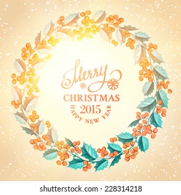 Christmas mistletoe wreath in vintge style label. Vector illustration.