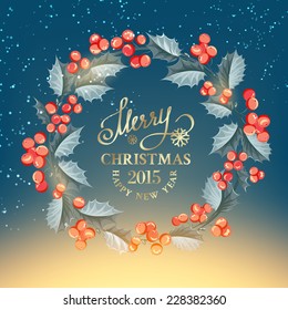 Christmas mistletoe wreath in vintge style label. Vector illustration.