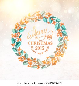 Christmas mistletoe wreath in vintge style label. Vector illustration.