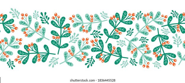 Christmas mistletoes seamless vector border. Scandinavian style green and red Christmas holiday repeating pattern. Use for ribbons, fabric trim, cards