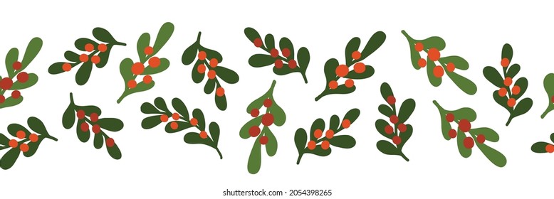 Christmas mistletoes seamless vector border. Scandinavian style green and red Christmas holiday repeating pattern. For ribbons, fabric trim, cards