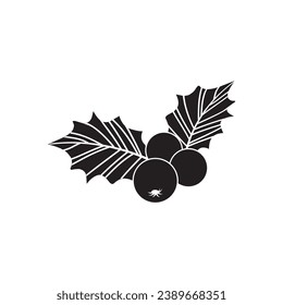 Christmas mistletoevector icon, holly berry and leaf, black and white ilex branch, xmas plant. Cartoon holiday illustration