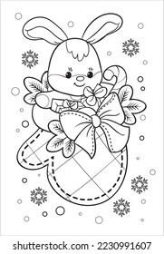 Christmas mitten with a bunny. Coloring book for children.