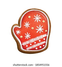Christmas mitten in the form of gingerbread. Christmas pastries. A festive element. Red mitten with snowflakes and Christmas pattern.
