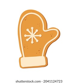 Christmas mitten isolated on white background. Christmas gingerbread cookie. Winter holiday food. Happy new year. Merry Christmas holiday. Vector illustration.