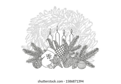 Christmas mitten, sock, star and cone. Hand drawn illustration. New year and Christmas design elements. Greeting card invitation with xmas graphic. Vintage illustration.