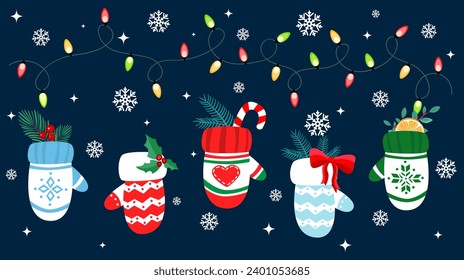 Christmas mittens with gifts, garland and candies. Greeting card with festive elements.