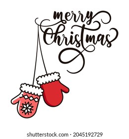 Christmas mittens. Hand drawn lettering calligraphy for greetings card with text merry Christmas. Winter holidays. Black and red background. 