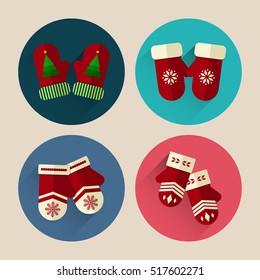 christmas mittens with long shadow  flat style icon pack