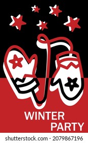 christmas mittens new year holiday card, banner, web poster, flyer, brochure, greeting card, bright cover. Black and red design. Vector