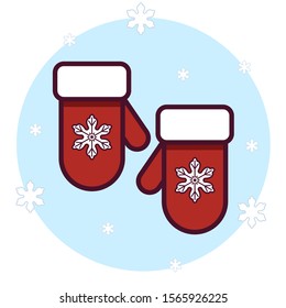 Christmas mittens on blue background. Red mittens with snowflake ornament. Vector stock illustration isolated