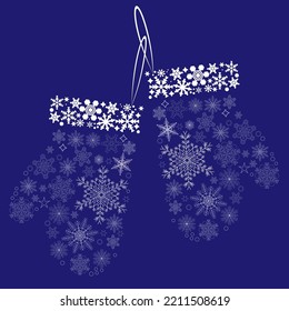 Christmas mittens with white snowflakes on blue  background. Vector illustration
