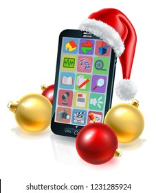 A Christmas Mobile Phone conceptual illustration with a Santa hat and baubles