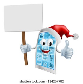 A Christmas mobile phone mascot character wearing a Santa hat and holding a sign while giving a thumbs up