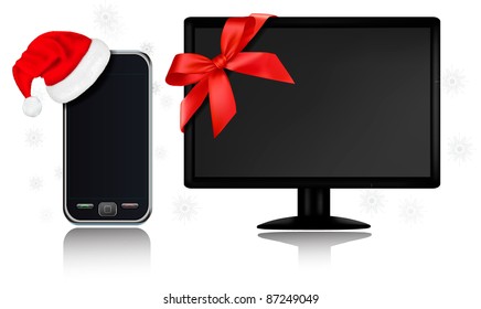 Christmas mobile phone with Santa hat gift and monitor with ribbon. Vector.