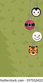 Christmas mobile poster template with cute baubles. Christmas balls on green background. Vertical banner template with multicolored winter ornaments. Flat vector illustration. 