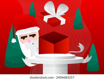 Christmas mockup product display with Santa Claus, pine tree and gift box. Vector cylinder holiday pedestal podium. Stage showcase for Festive presentation. Minimal geometric forms.
