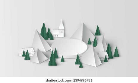 Christmas mockup scene template. Merry Christmas and happy new year. Christmas mockup scene. paper cut and craft style. vector, illustration.