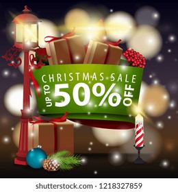 Christmas modern banner with Christmas books and antique lamp