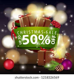 Christmas modern banner with gifts and antique lamp