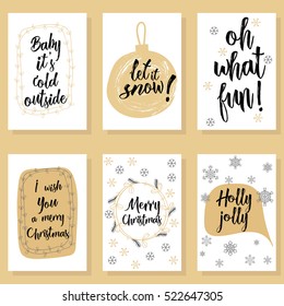 Christmas modern calligraphy gift tags. Hand drawn brush lettering in pastel color palette, floral winter wreath, snow flakes. Greeting card templates, banners. New Year 2017