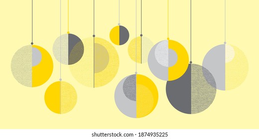 Christmas modern concept baubles geometric composition in yellow and gray 2021 colors. Lux and business style laconic xmas design element for card, header, invitation, poster, social media, post 