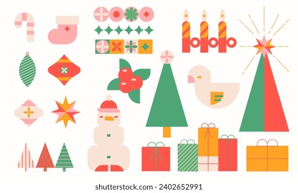 Christmas modern design elements, holiday gifts, winter elements, candles, snowman,Christmas tree, sock and Xmas decorations. Colorful vector