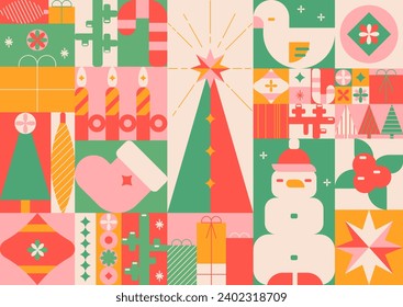 Christmas modern design, holiday gifts, winter elements, candles, Christmas tree, sock, snowman and Xmas decorations.geometric cartoon style