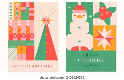 Christmas modern design, holiday gifts, winter elements, candles, Christmas tree, sock,snowman and Xmas decorations. Colorful vector illustration in f