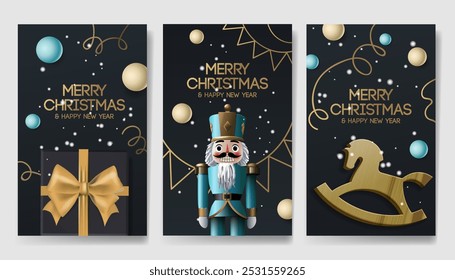 Christmas modern design with Nutcracker, gift box, rocking horse and balls in gold colors on night black background. Luxury Christmas cards, posters, holiday covers, banners, ads, vector illustration