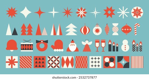 Christmas modern geometric minimalist icons. Clean lines and simple forms Santa, fir trees, stars, festive elements and print. Ideas for holiday patterns, banners, and decorations. Vector