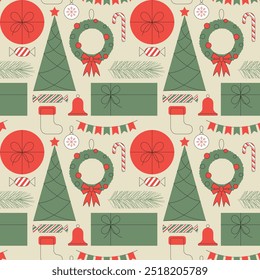 Natal padrão geométrico sem emenda moderno. Fundo abstrato com símbolos de férias de inverno e decorações. Para papéis de embrulho, sites, banners, cartazes, cartões, papéis de parede. Projeto de superfície vetorial.