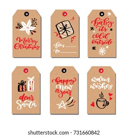 Christmas modern gift tags set with hand drawn doodles and lettering. Vector hand drawn illustration set. Cartoon drawing of gift box, star, cup, poinsettia for xmas holiday greetings Calligraphy text