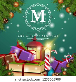 Christmas modern greeting card with fir-tree branches, gifts, books and antique lamp
