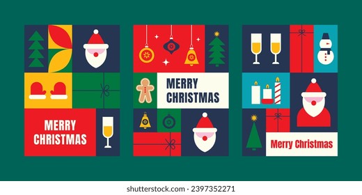 Christmas modern greeting cards with holiday elements in flat style. Merry Christmas greeting. Poster, banner, invitation concept	