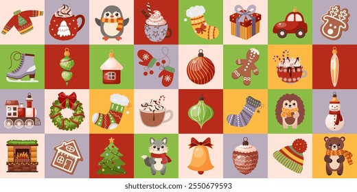Christmas modern minimalist geometric holiday pattern. Abstract colorful background with various Christmas elements with fit tree decoration, gift, gingerbread, sweater, wreath, animals, socks, cups.